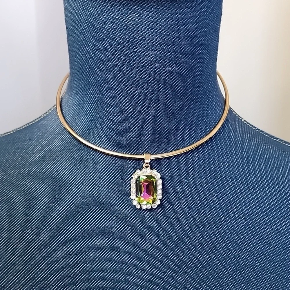 Gold Choker Necklace with Rainbow AB Square Pendant New